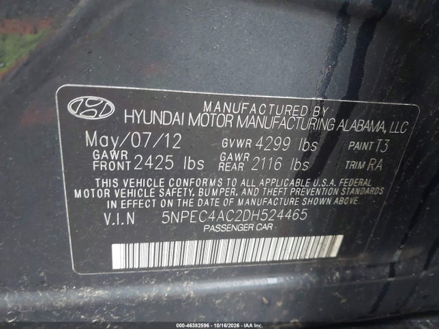 Продаж на аукціоні авто 2013 Hyundai Sonata Se, vin: 5NPEC4AC2DH524465, номер лоту: 46382596