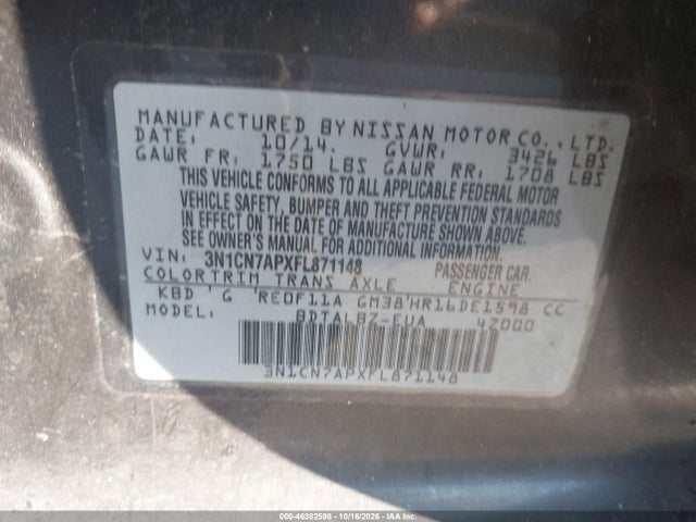 Aukcja sprzedaży 2015 Nissan Versa 1.6 Sv, vin: 3N1CN7APXFL871148, numer aukcji: 46382598
