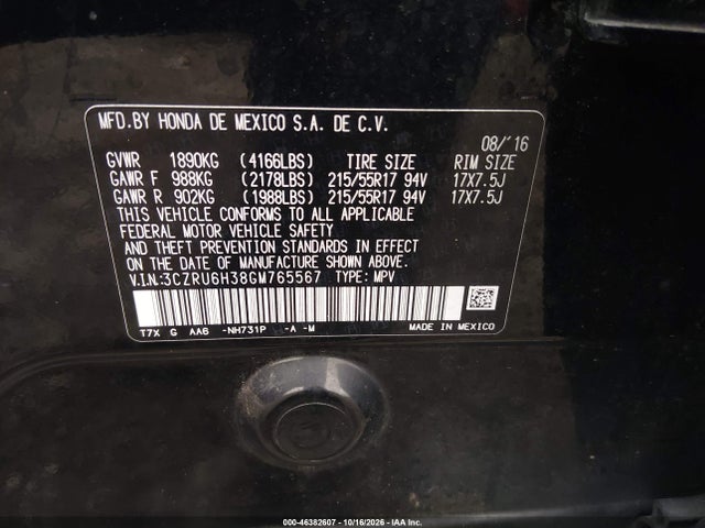 Продажа на аукционе авто 2016 Honda Hr-v Lx, vin: 3CZRU6H38GM765567, номер лота: 46382607