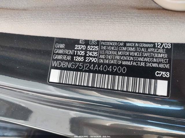 Продаж на аукціоні авто 2004 Mercedes-benz S 500, vin: WDBNG75J24A404900, номер лоту: 46382692
