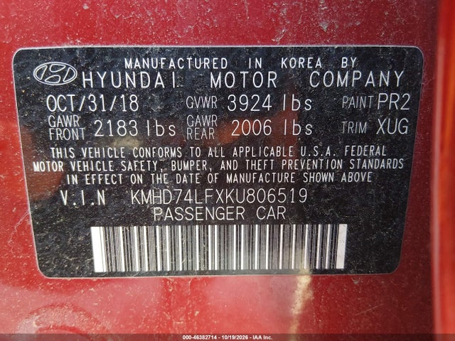46382714 :رقم المزاد ، KMHD74LFXKU806519 vin ، 2019 Hyundai Elantra Se مزاد بيع
