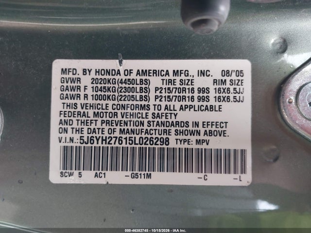 Продажа на аукционе авто 2005 Honda Element Ex, vin: 5J6YH27615L026298, номер лота: 46382745