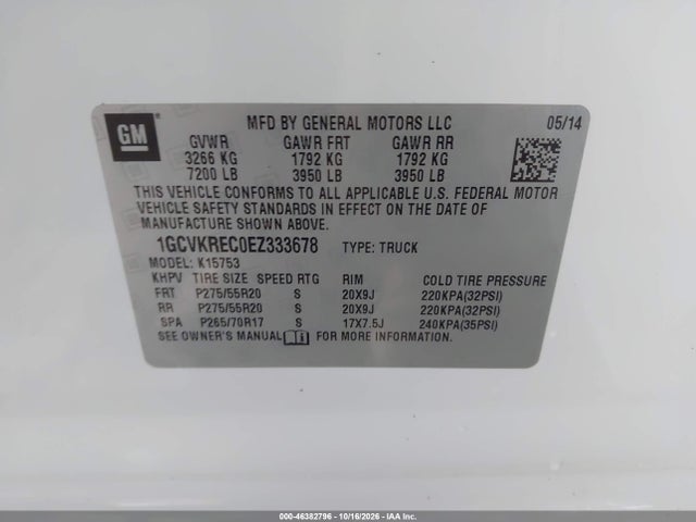 Aukcja sprzedaży 2014 Chevrolet Silverado 1500 2lt, vin: 1GCVKREC0EZ333678, numer aukcji: 46382796