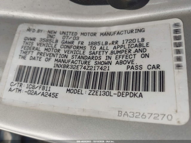 Aukcja sprzedaży 2004 Toyota Corolla Ce, vin: 1NXBR32E74Z217421, numer aukcji: 46382803