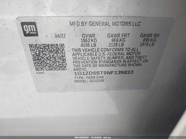 Продаж на аукціоні авто 2022 Chevrolet Malibu Fwd Lt, vin: 1G1ZD5ST9NF139833, номер лоту: 46382845