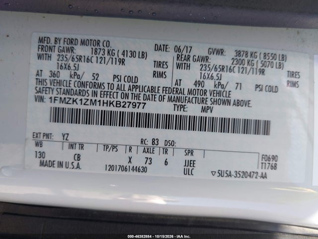 46382884 :رقم المزاد ، 1FMZK1ZM1HKB27977 vin ، 2017 Ford Transit-150 Xl مزاد بيع