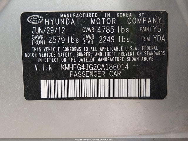 2012 Hyundai Azera მანქანა იყიდება აუქციონზე, vin: KMHFG4JG2CA186014, აუქციონის ნომერი: 46382888