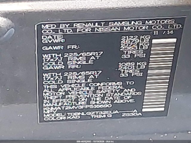 Aukcja sprzedaży 2015 Nissan Rogue Sv, vin: KNMAT2MV3FP516690, numer aukcji: 46382892