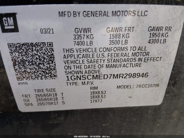 Продажа на аукционе авто 2021 Chevrolet Tahoe 2wd Ls, vin: 1GNSCMED7MR298946, номер лота: 46382906