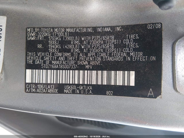 Aukcja sprzedaży 2008 Toyota Sequoia Limited 5.7l V8, vin: 5TDZY68A18S007337, numer aukcji: 46382942