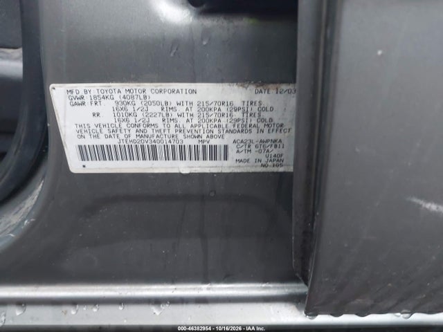 46382954 :رقم المزاد ، JTEHD20V340014703 vin ، 2004 Toyota Rav4 مزاد بيع