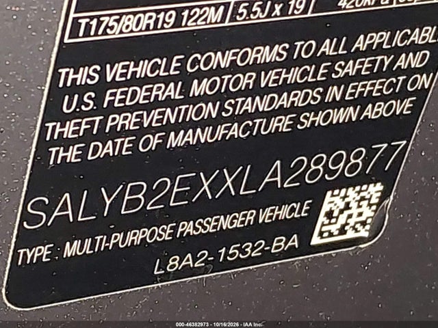 Продаж на аукціоні авто 2020 Land Rover Range Rover Velar P250 S, vin: SALYB2EXXLA289877, номер лоту: 46382973