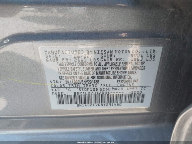 Продаж на аукціоні авто 2022 Nissan Sentra Sv Xtronic Cvt, vin: 3N1AB8CV6NY291480, номер лоту: 46382979
