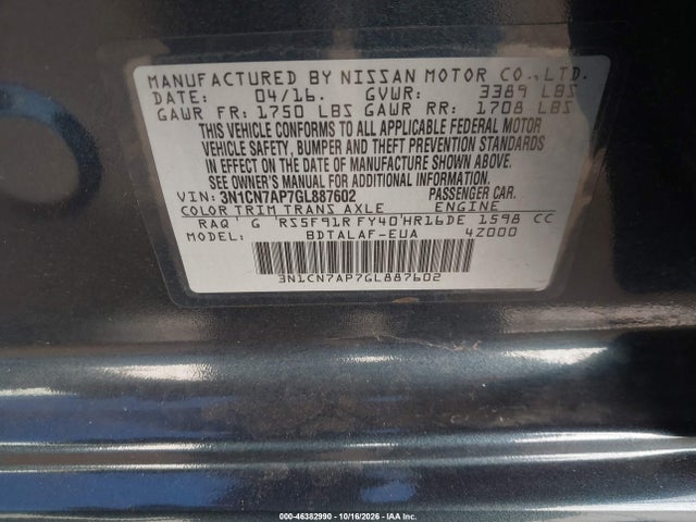 Продаж на аукціоні авто 2016 Nissan Versa 1.6 S, vin: 3N1CN7AP7GL887602, номер лоту: 46382990