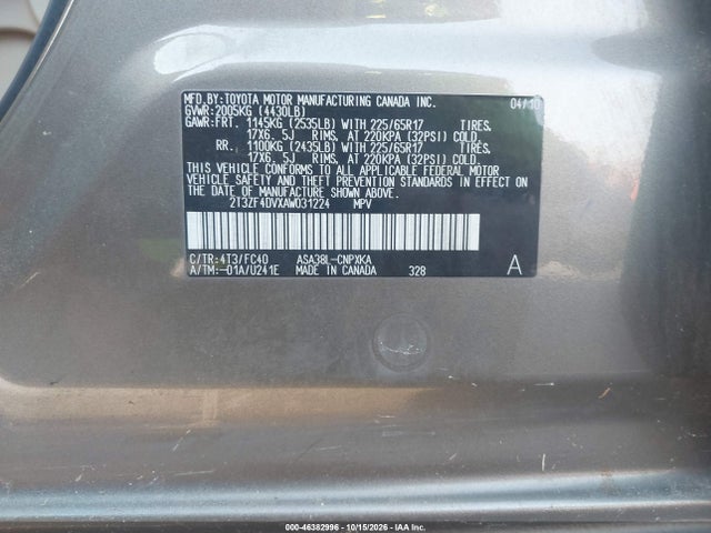 46382996 :رقم المزاد ، 2T3ZF4DVXAW031224 vin ، 2010 Toyota Rav4 مزاد بيع