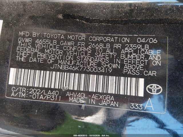 Aukcja sprzedaży 2007 Toyota Camry Hybrid, vin: JTNBB46K773003419, numer aukcji: 46383013