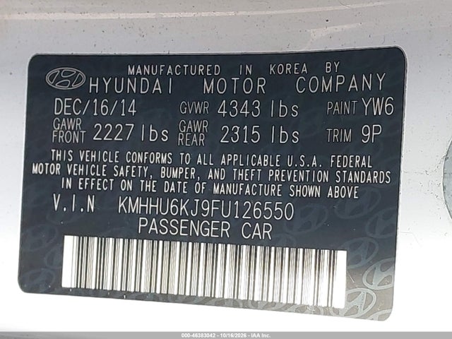 2015 Hyundai Genesis 3.8 R-spec მანქანა იყიდება აუქციონზე, vin: KMHHU6KJ9FU126550, აუქციონის ნომერი: 46383042