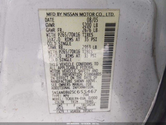 46383055 :رقم المزاد ، 5N1AN08U25C655467 vin ، 2005 Nissan Xterra S مزاد بيع