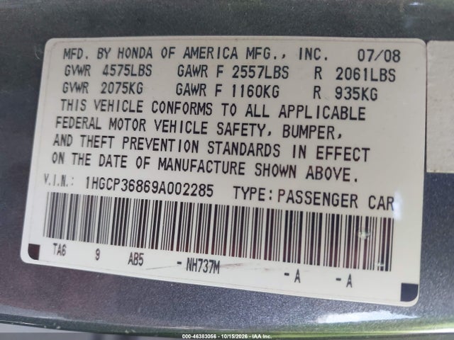 46383056 :رقم المزاد ، 1HGCP36869A002285 vin ، 2009 Honda Accord 3.5 Ex-l مزاد بيع