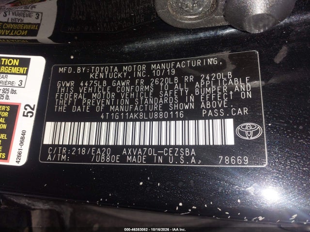 Aukcja sprzedaży 2020 Toyota Camry Se, vin: 4T1G11AK8LU880116, numer aukcji: 46383082