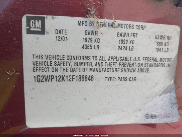 Aukcja sprzedaży 2002 Pontiac Grand Prix Gt, vin: 1G2WP12K12F186646, numer aukcji: 46383125