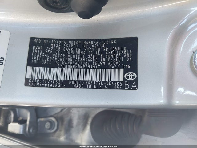 Aukcja sprzedaży 2019 Toyota Corolla Le, vin: 5YFBURHE0KP894947, numer aukcji: 46383147