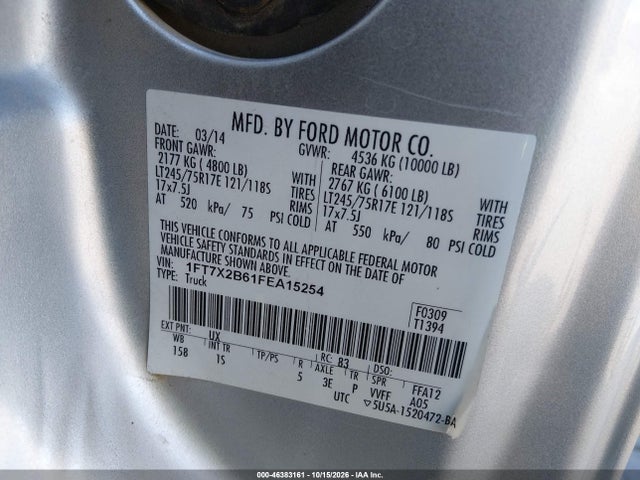 46383161 :رقم المزاد ، 1FT7X2B61FEA15254 vin ، 2015 Ford F-250 Xl مزاد بيع