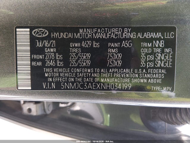 Aukcja sprzedaży 2022 Hyundai Tucson Sel, vin: 5NMJC3AEXNH034199, numer aukcji: 46383164