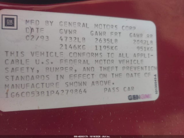 46383179 :رقم المزاد ، 1G6CD53B1P4279864 vin ، 1993 Cadillac Deville مزاد بيع