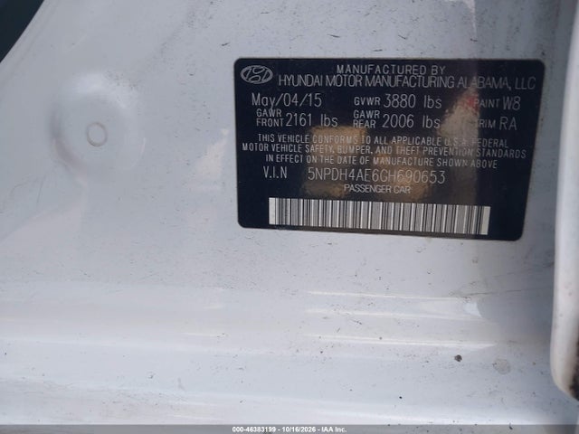 Aukcja sprzedaży 2016 Hyundai Elantra Se, vin: 5NPDH4AE6GH690653, numer aukcji: 46383199