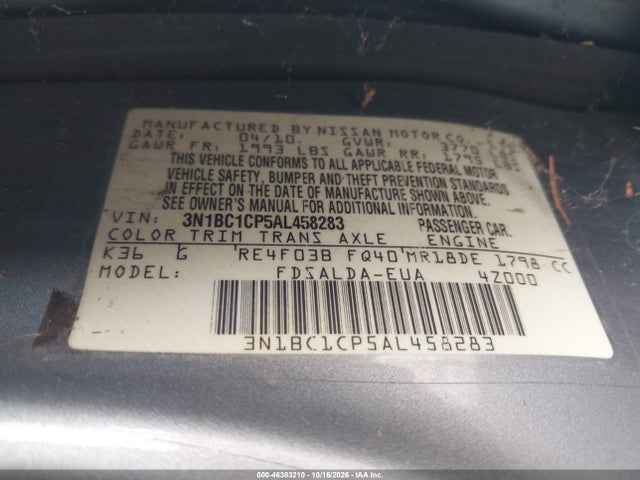 2010 Nissan Versa 1.8s მანქანა იყიდება აუქციონზე, vin: 3N1BC1CP5AL458283, აუქციონის ნომერი: 46383210