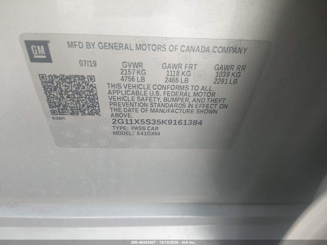 Aukcja sprzedaży 2019 Chevrolet Impala Ls, vin: 2G11X5S35K9161384, numer aukcji: 46383407