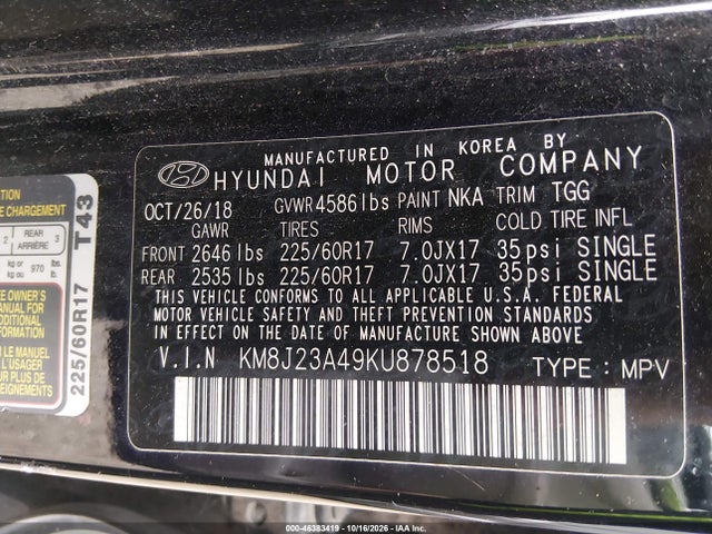 Aukcja sprzedaży 2019 Hyundai Tucson Se, vin: KM8J23A49KU878518, numer aukcji: 46383419