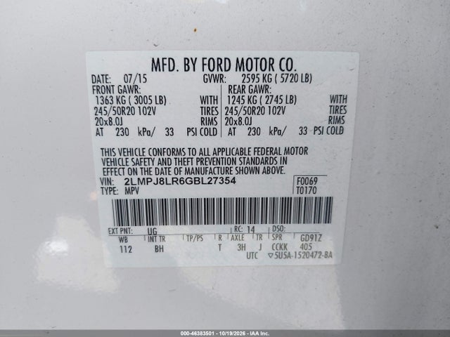 Aukcja sprzedaży 2016 Lincoln Mkx Reserve, vin: 2LMPJ8LR6GBL27354, numer aukcji: 46383501