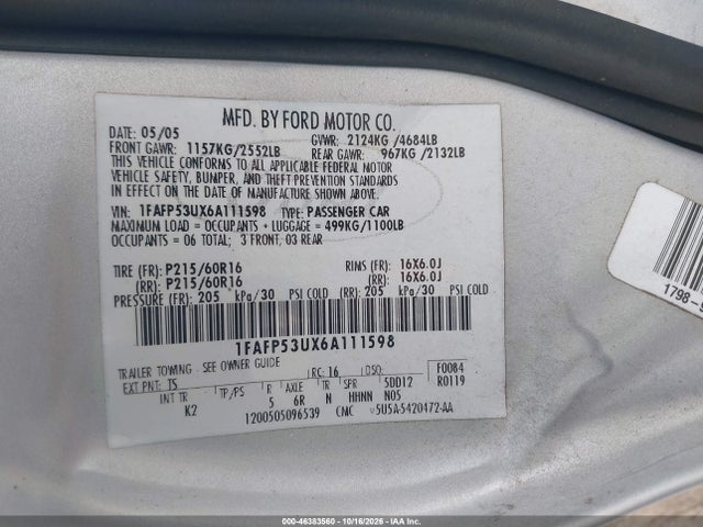 46383560 :رقم المزاد ، 1FAFP53UX6A111598 vin ، 2006 Ford Taurus Se مزاد بيع