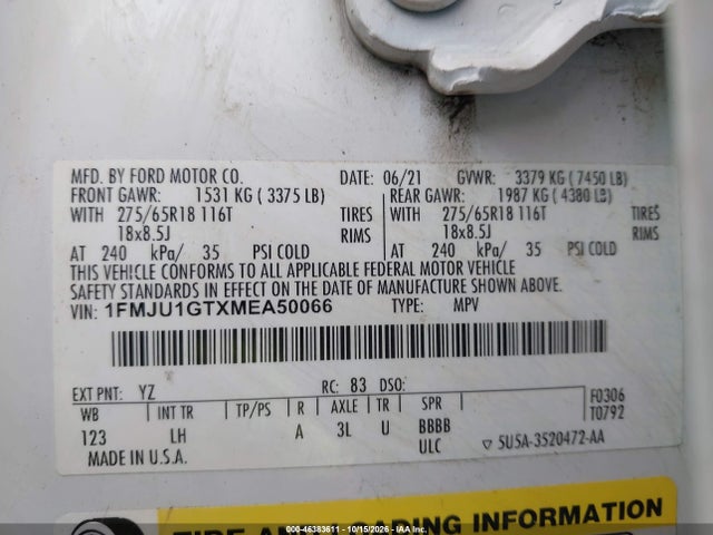 2021 Ford Expedition Xl მანქანა იყიდება აუქციონზე, vin: 1FMJU1GTXMEA50066, აუქციონის ნომერი: 46383611