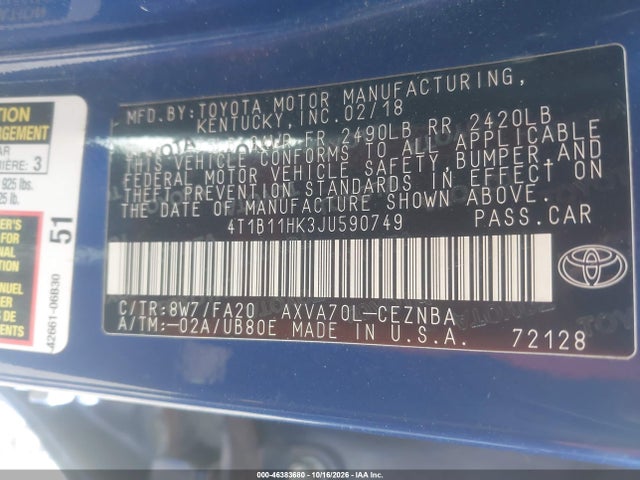 Aukcja sprzedaży 2018 Toyota Camry Le, vin: 4T1B11HK3JU590749, numer aukcji: 46383680