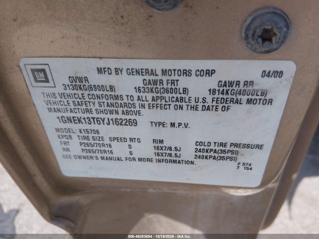 46383694 :رقم المزاد ، 1GNEK13T6YJ162269 vin ، 2000 Chevrolet Tahoe All New Lt مزاد بيع