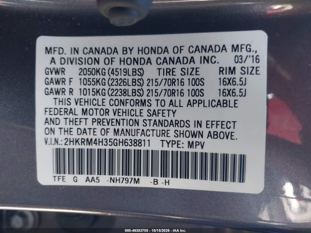 2016 Honda Cr-v Lx მანქანა იყიდება აუქციონზე, vin: 2HKRM4H35GH638811, აუქციონის ნომერი: 46383705