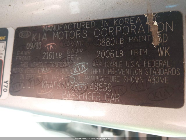 2014 Kia Forte Lx მანქანა იყიდება აუქციონზე, vin: KNAFK4A68E5148659, აუქციონის ნომერი: 46383721