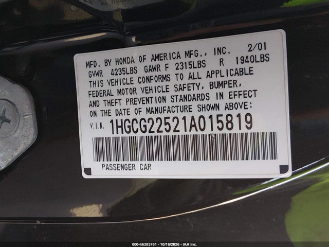 Продаж на аукціоні авто 2001 Honda Accord 3.0 Ex, vin: 1HGCG22521A015819, номер лоту: 46383761