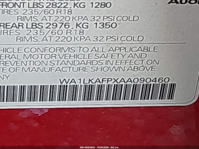 46383843 :رقم المزاد ، WA1LKAFPXAA090460 vin ، 2010 Audi Q5 3.2 Premium مزاد بيع