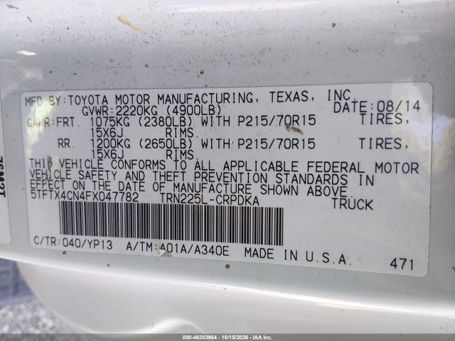 Aukcja sprzedaży 2015 Toyota Tacoma, vin: 5TFTX4CN4FX047782, numer aukcji: 46383964
