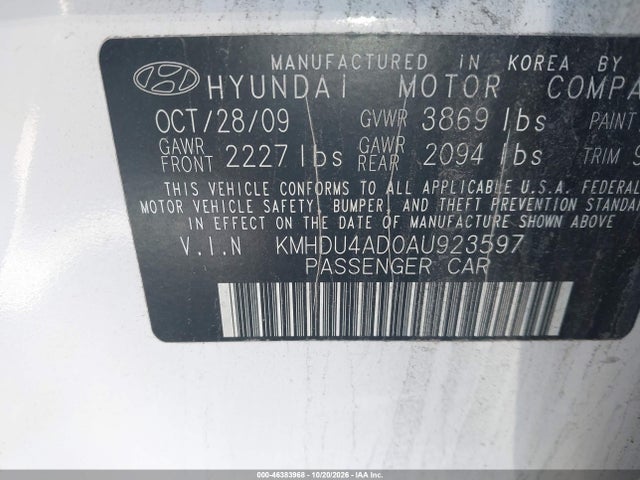 Aukcja sprzedaży 2010 Hyundai Elantra Gls, vin: KMHDU4AD0AU923597, numer aukcji: 46383968
