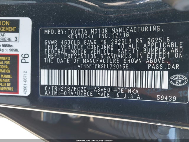 2017 Toyota Camry Le მანქანა იყიდება აუქციონზე, vin: 4T1BF1FK9HU720466, აუქციონის ნომერი: 46383987