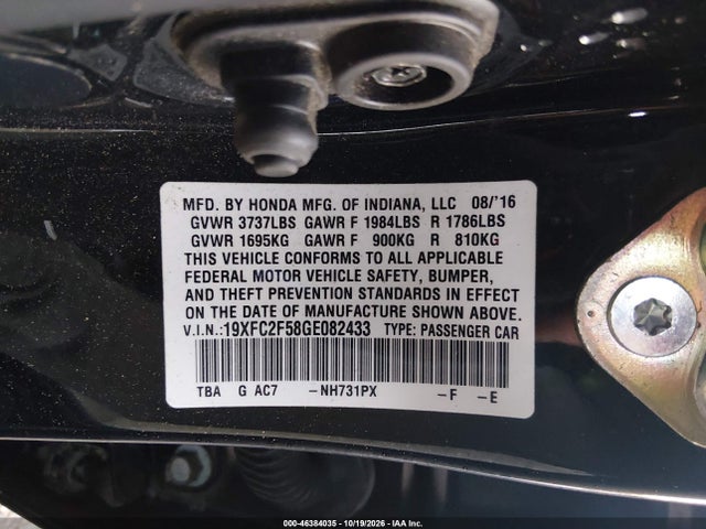 46384035 :رقم المزاد ، 19XFC2F58GE082433 vin ، 2016 Honda Civic Lx مزاد بيع