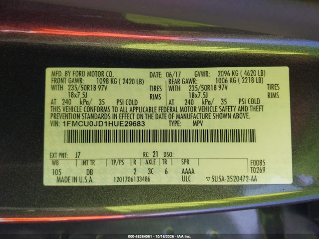 Продаж на аукціоні авто 2017 Ford Escape Titanium, vin: 1FMCU0JD1HUE29683, номер лоту: 46384061