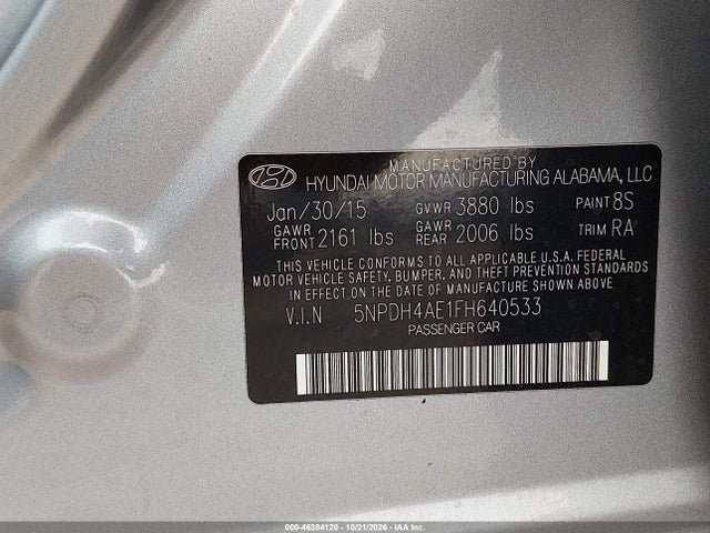 46384120 :رقم المزاد ، 5NPDH4AE1FH640533 vin ، 2015 Hyundai Elantra Se مزاد بيع