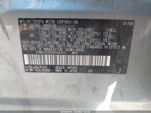 Aukcja sprzedaży 2008 Toyota Rav4, vin: JTMBD35V585164359, numer aukcji: 46384144