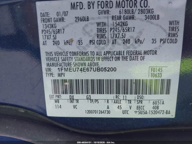 Продаж на аукціоні авто 2007 Ford Explorer Eddie Bauer, vin: 1FMEU74E67UB05200, номер лоту: 46384151